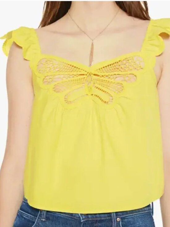 MOTHER Tops - MOTHER The Butterfly Tank Wing It Yellow Embroidered Ruffle Top-M- MSRP $195